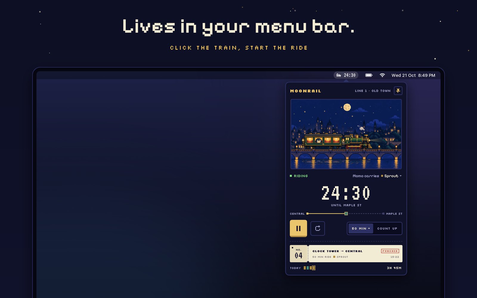 Moonrail in the menu bar
