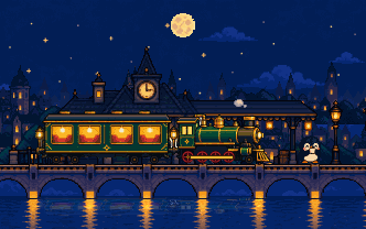 Moonrail's original pixel-art train at a moonlit station, with Momo on the platform