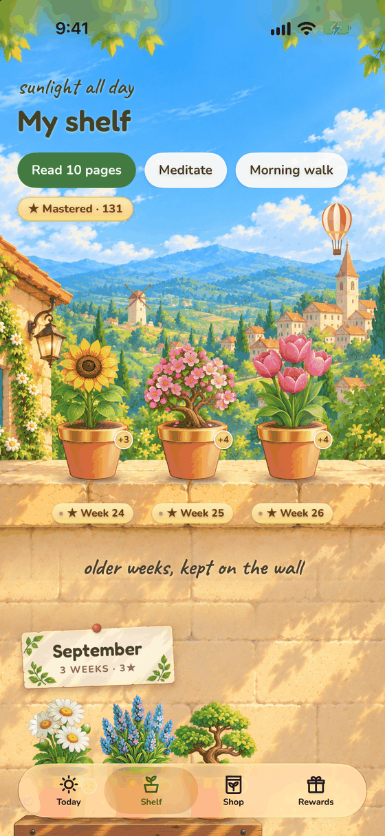 Sprout's actual shelf screen with a sunny garden and weekly plants